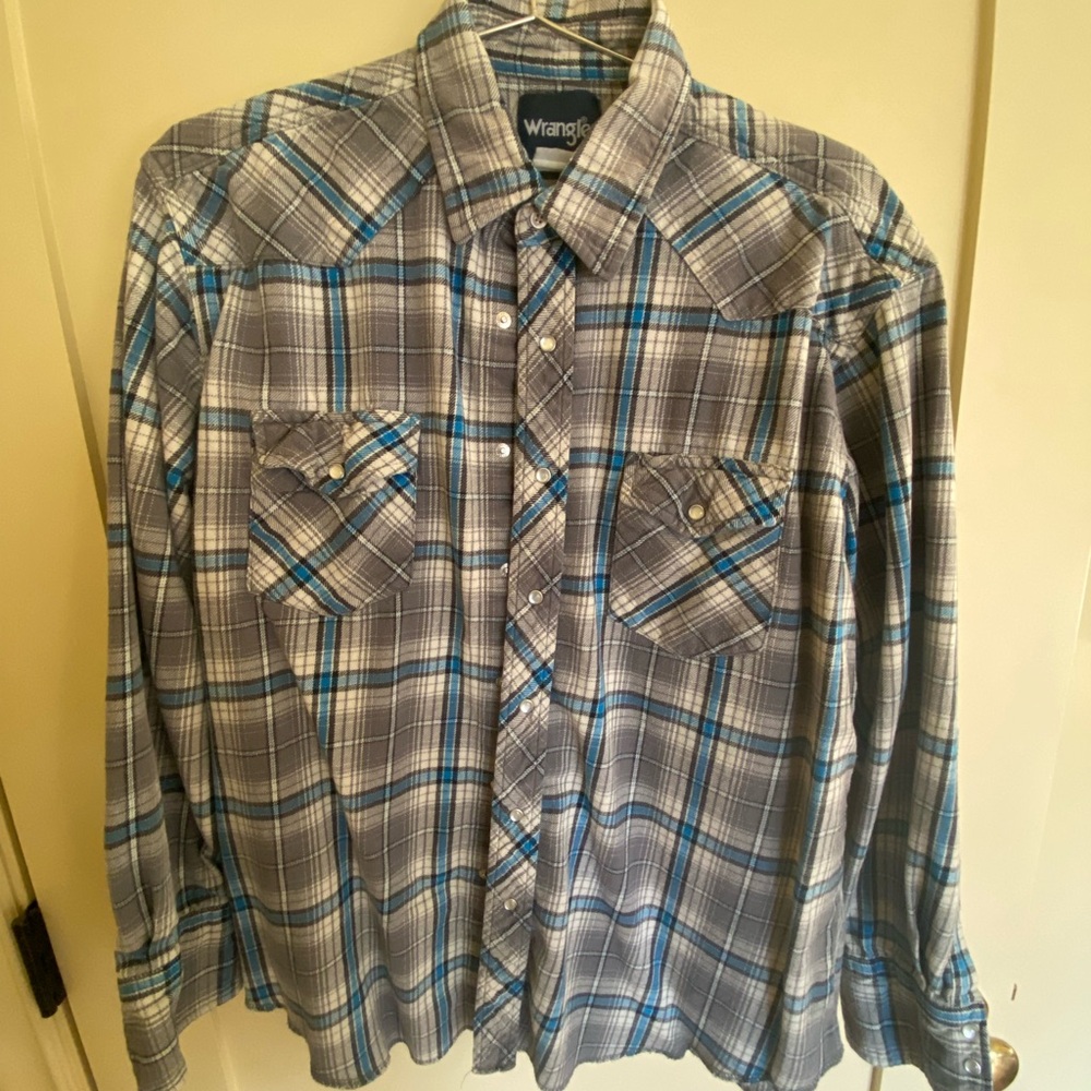 Wrangler Blue and Gray Plaid Western Pearl-Snap Flannel Button-Down Shirt Size M